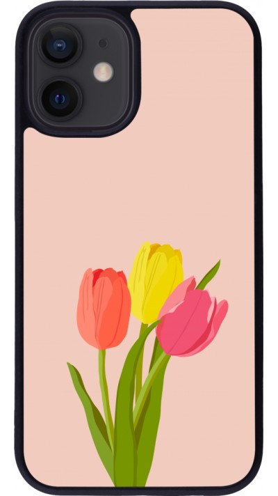 Coque iPhone 12 mini - Silicone rigide noir Spring 23 tulip trio