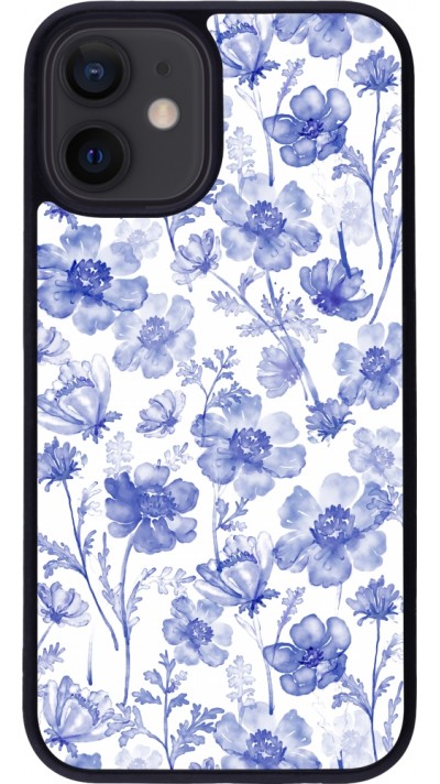Coque iPhone 12 mini - Silicone rigide noir Spring 23 watercolor blue flowers