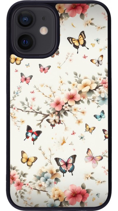 Coque iPhone 12 mini - Silicone rigide noir Spring 25 Papillons Légers