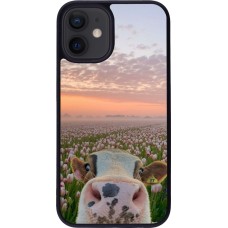 Coque iPhone 12 mini - Silicone rigide noir Cow with tulips 2026