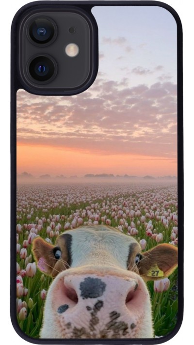 Coque iPhone 12 mini - Silicone rigide noir Cow with tulips 2026