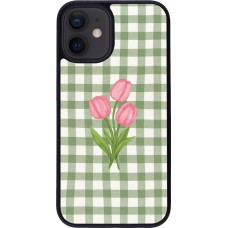 Coque iPhone 12 mini - Silicone rigide noir Green vichy tulips 2026
