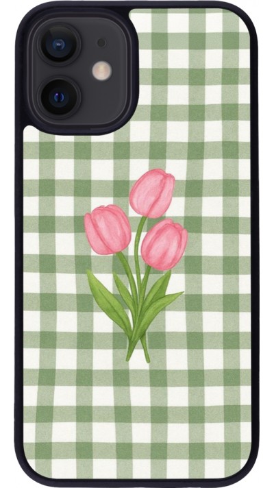 Coque iPhone 12 mini - Silicone rigide noir Green vichy tulips 2026