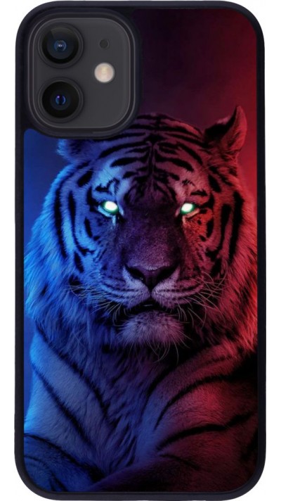 Coque iPhone 12 mini - Silicone rigide noir Tiger Blue Red