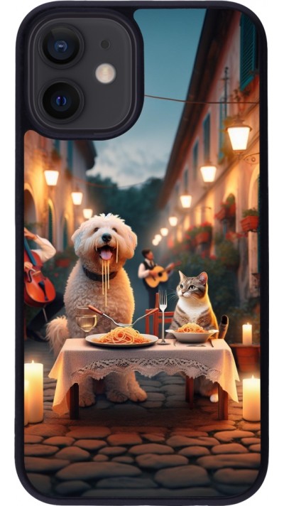 Coque iPhone 12 mini - Silicone rigide noir Valentine 2024 Dog & Cat Candlelight