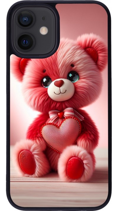 Coque iPhone 12 mini - Silicone rigide noir Valentine 2024 Ourson rose