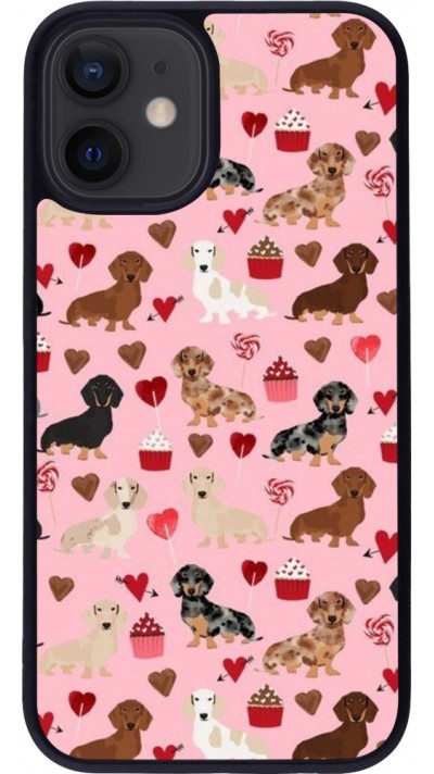Coque iPhone 12 mini - Silicone rigide noir Valentine 2024 puppy love
