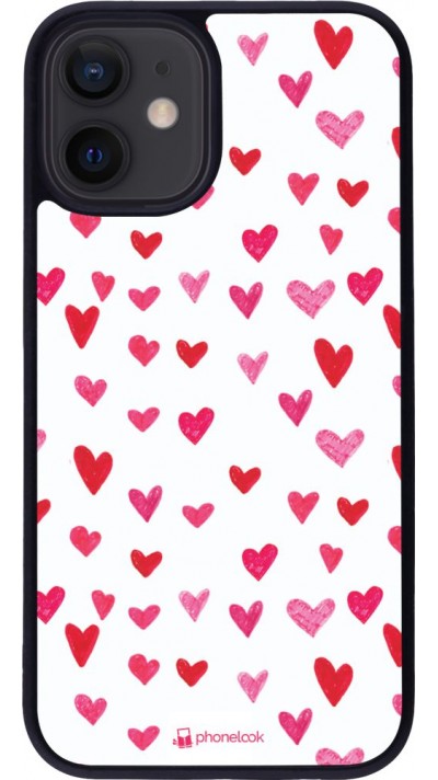 Coque iPhone 12 mini - Silicone rigide noir Valentine 2022 Many pink hearts