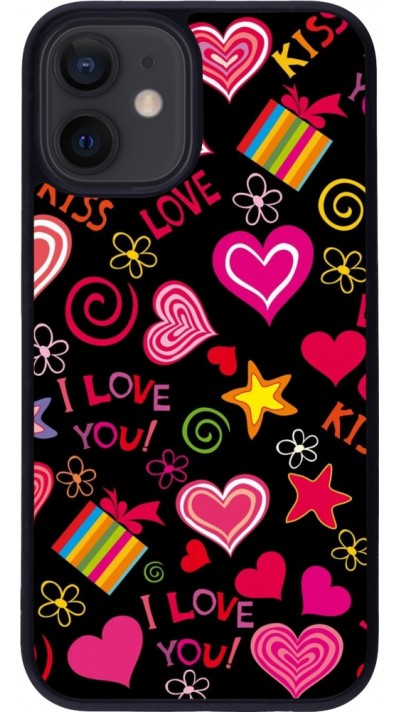 Coque iPhone 12 mini - Silicone rigide noir Valentine 2023 love symbols