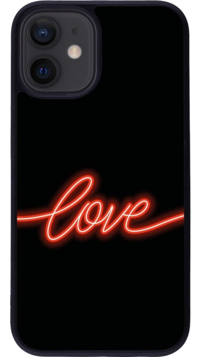 Coque iPhone 12 mini - Silicone rigide noir Valentine 2023 neon love