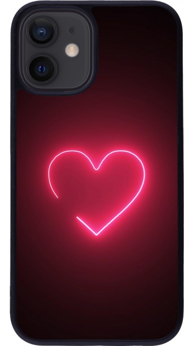 Coque iPhone 12 mini - Silicone rigide noir Valentine 2023 single neon heart