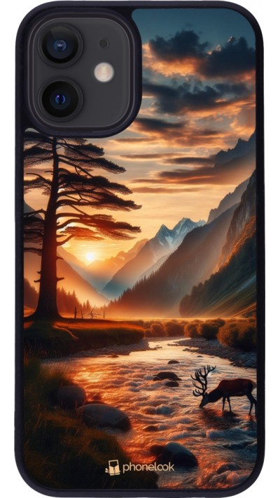 Coque iPhone 12 mini - Silicone rigide noir Valley Sunset Deer Tree