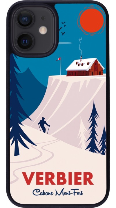 Coque iPhone 12 mini - Silicone rigide noir Verbier Cabane Mont-Fort