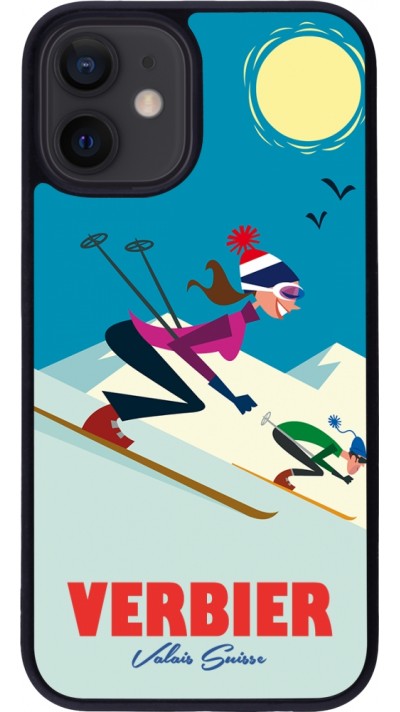 Coque iPhone 12 mini - Silicone rigide noir Verbier Ski Downhill