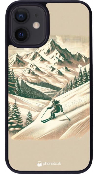 Coque iPhone 12 mini - Silicone rigide noir Vintage Ski Mountain