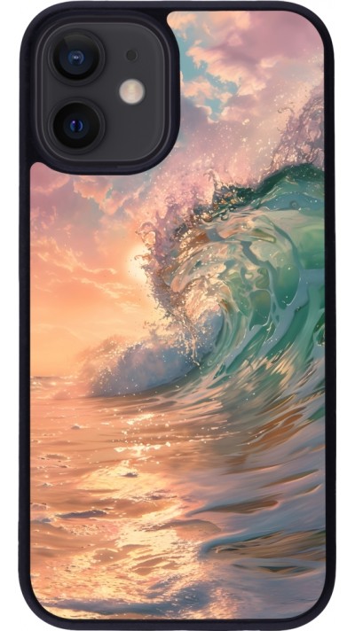 Coque iPhone 12 mini - Silicone rigide noir Wave Sunset