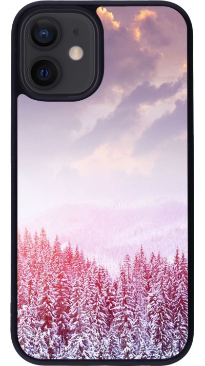 Coque iPhone 12 mini - Silicone rigide noir Winter 22 Pink Forest