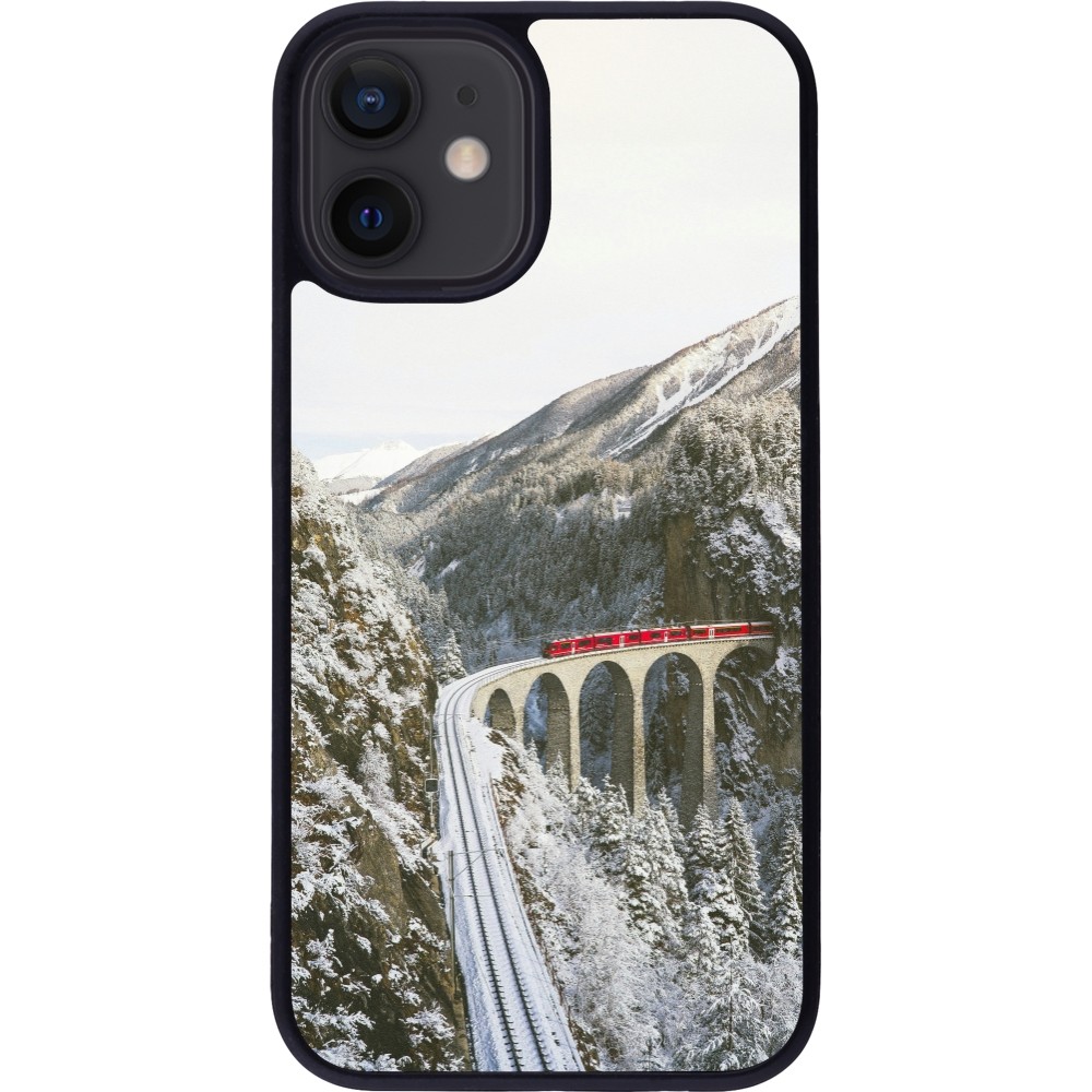 Coque iPhone 12 mini - Silicone rigide noir Winter 25 Winter polar express