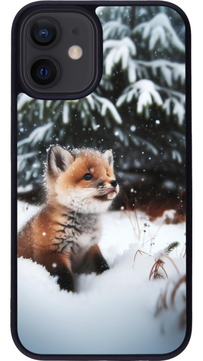 Coque iPhone 12 mini - Silicone rigide noir Noël 2023 Renardeau sapin