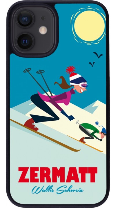 Coque iPhone 12 mini - Silicone rigide noir Zermatt Ski Downhill