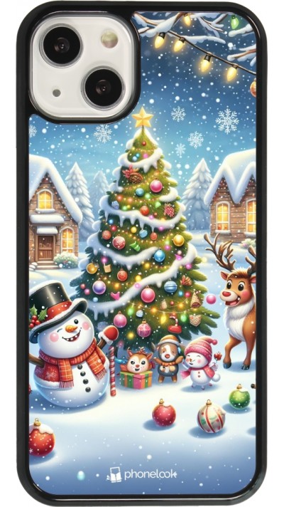 Coque iPhone 13 - Noël 2023 bonhomme de neige et sapin