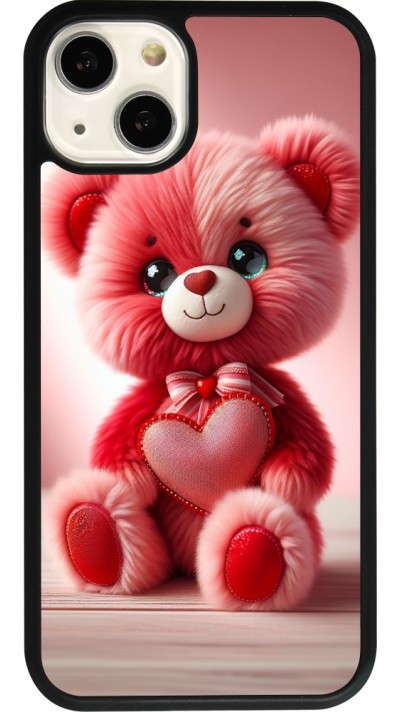 Coque iPhone 13 - Silicone rigide noir Valentine 2024 Ourson rose
