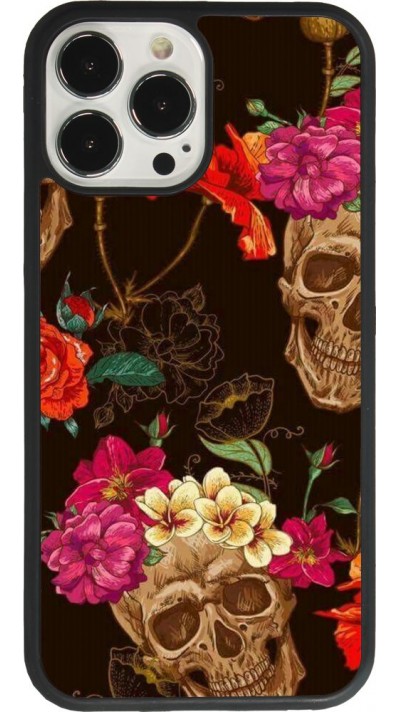 Coque iPhone 13 Pro Max - Silicone rigide noir Skulls and flowers