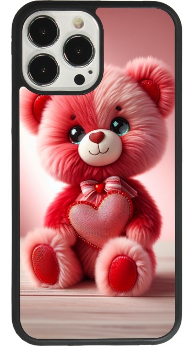 Coque iPhone 13 Pro Max - Silicone rigide noir Valentine 2024 Ourson rose