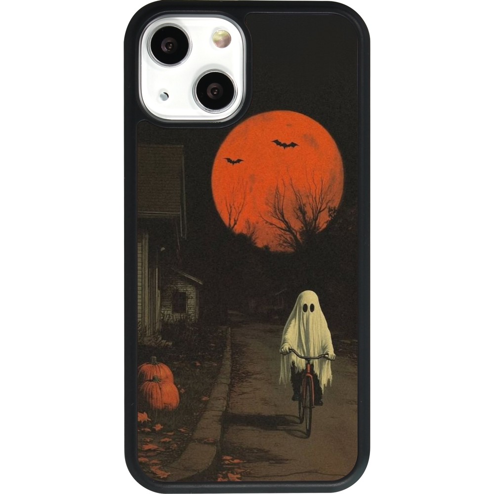 iPhone 13 mini Case Hülle - Silikon schwarz Halloween 2025 Ghost on a bicycle