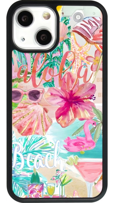 Coque iPhone 13 mini - Silicone rigide noir Preppy Collage Aloha