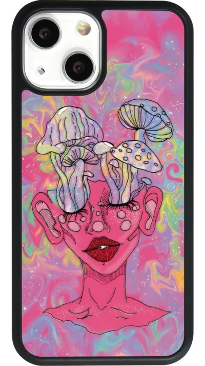 Coque iPhone 13 mini - Silicone rigide noir Psychedelic pink mushroom