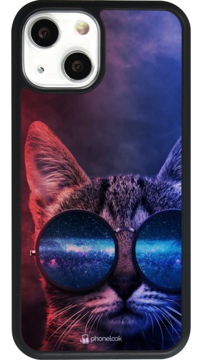 Coque iPhone 13 mini - Silicone rigide noir Red Blue Cat Glasses