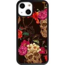 Coque iPhone 13 mini - Silicone rigide noir Skulls and flowers
