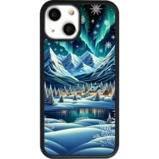 Coque iPhone 13 mini - Silicone rigide noir Snowy Mountain Village Lake night