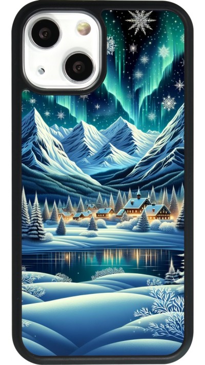Coque iPhone 13 mini - Silicone rigide noir Snowy Mountain Village Lake night