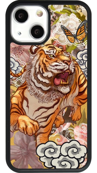 Coque iPhone 13 mini - Silicone rigide noir Spring 23 japanese tiger