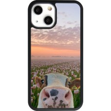 Coque iPhone 13 mini - Silicone rigide noir Cow with tulips Spring 2026