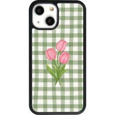 Coque iPhone 13 mini - Silicone rigide noir Green vichy tulips Spring 2026