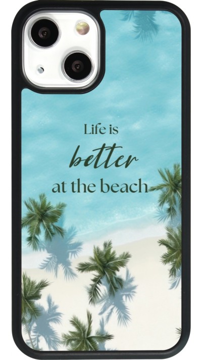 Coque iPhone 13 mini - Silicone rigide noir Summer 2025 Life is better at the beach