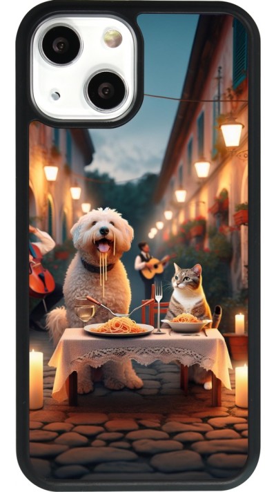 Coque iPhone 13 mini - Silicone rigide noir Valentine 2024 Dog & Cat Candlelight