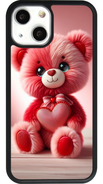 Coque iPhone 13 mini - Silicone rigide noir Valentine 2024 Ourson rose