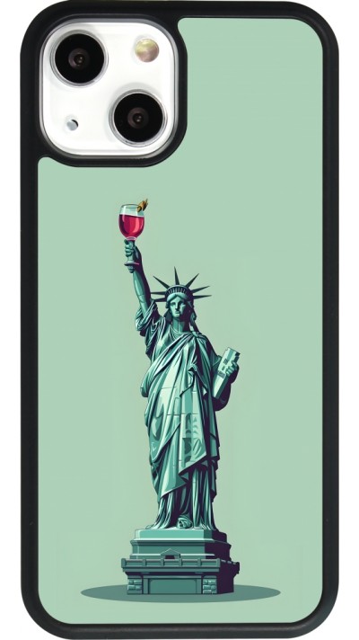 Coque iPhone 13 mini - Silicone rigide noir Wine Statue de la liberté avec un verre de vin