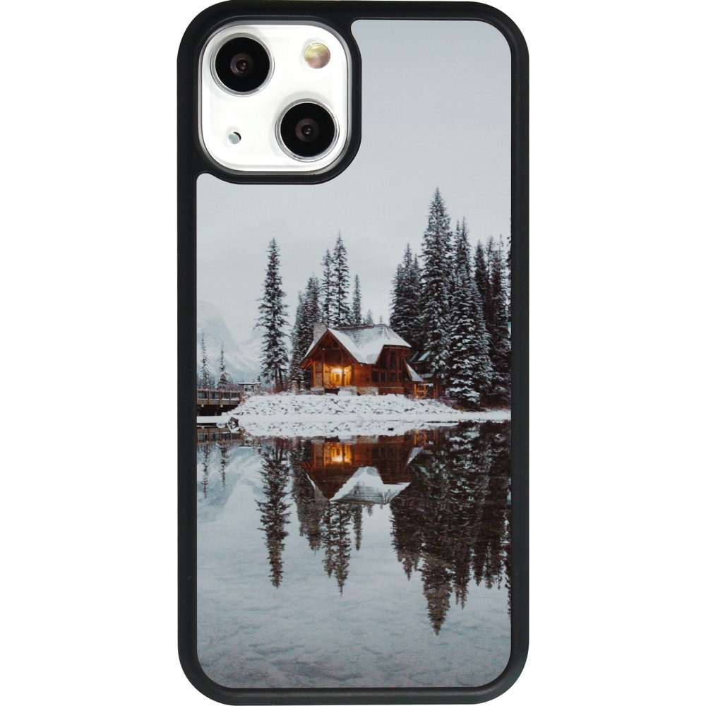 Coque iPhone 13 mini - Silicone rigide noir Winter 25 Winter house forest afternoon