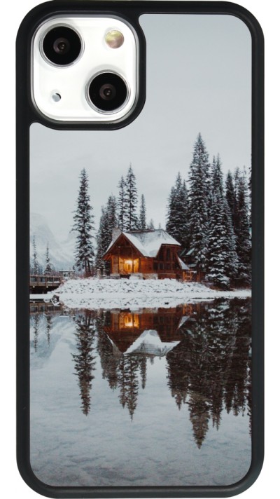 Coque iPhone 13 mini - Silicone rigide noir Winter 25 Winter house forest afternoon