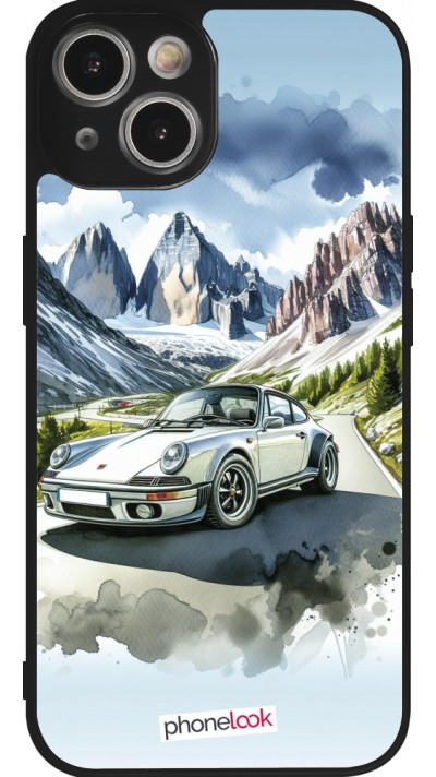 Coque iPhone 14 - Silicone rigide noir Porsche 911 Mountain Watercolor