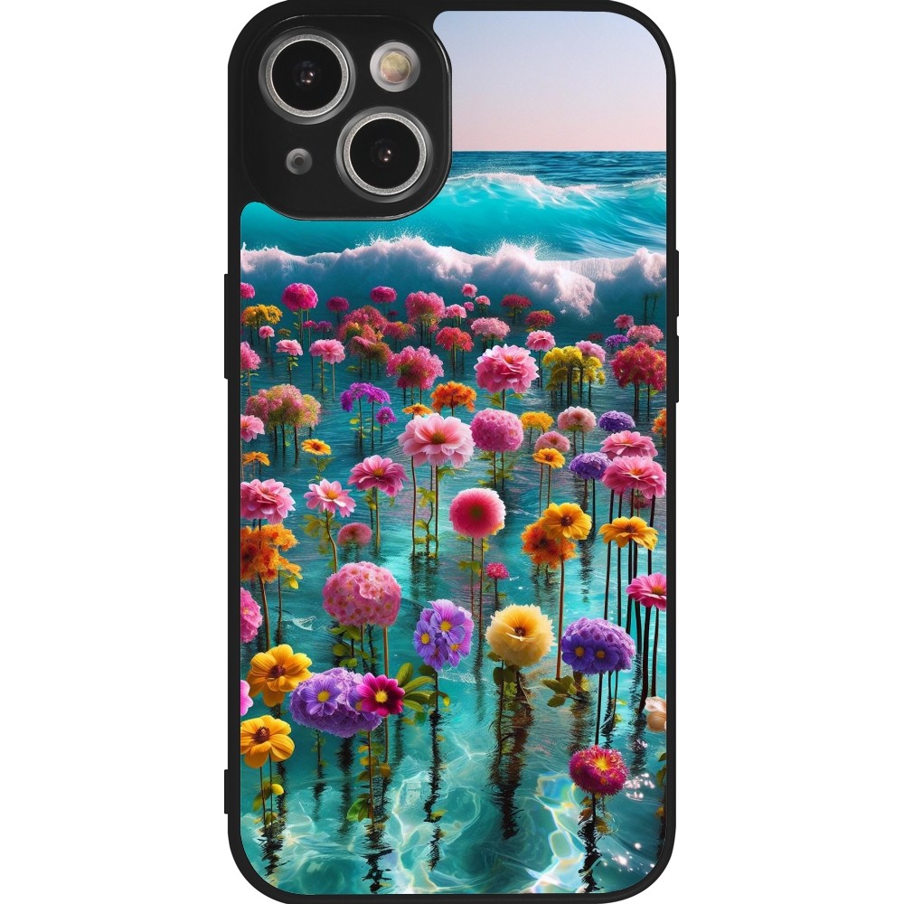 Coque iPhone 14 - Silicone rigide noir Flower sea waves