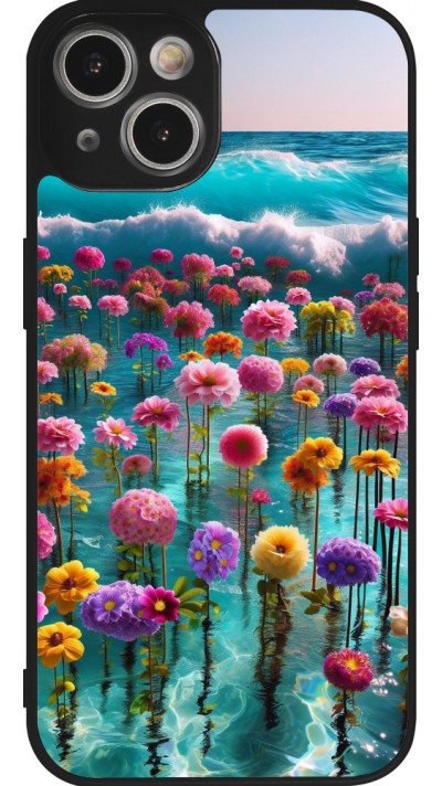 Coque iPhone 14 - Silicone rigide noir Flower sea waves
