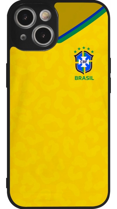 Coque iPhone 14 - Silicone rigide noir Maillot de football Brésil 2022 personnalisable