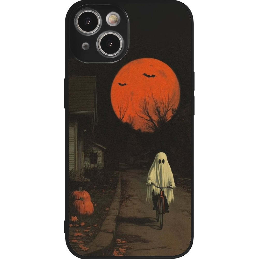 Coque iPhone 14 - Silicone rigide noir Halloween 2025 Ghost on a bicycle