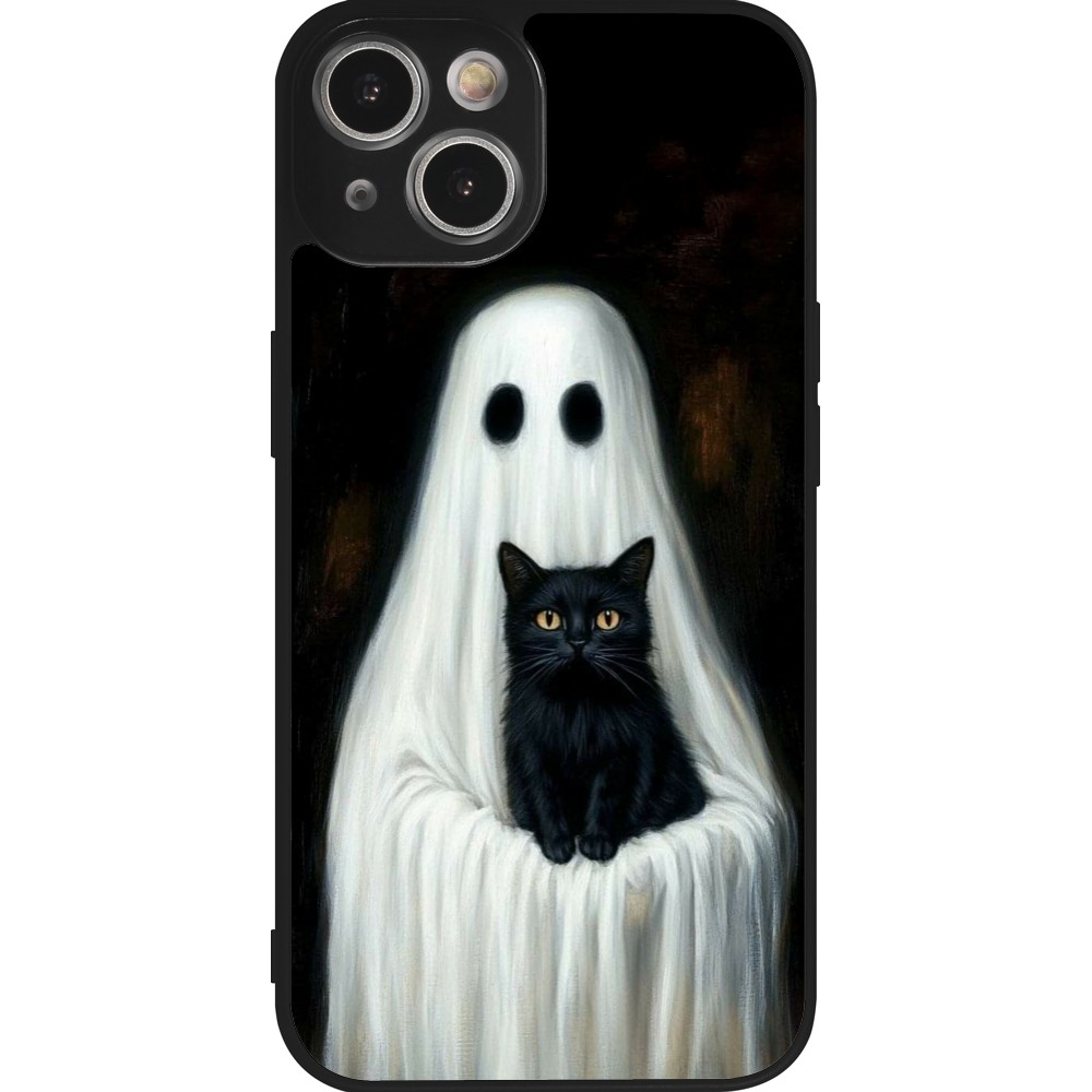 Coque iPhone 14 - Silicone rigide noir Halloween 2025 Ghost with black cat